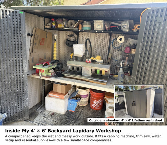 Inside The Little Lapidary's compact 4 x 6 backyard lapidary workshop with cabbing machine and trim saw