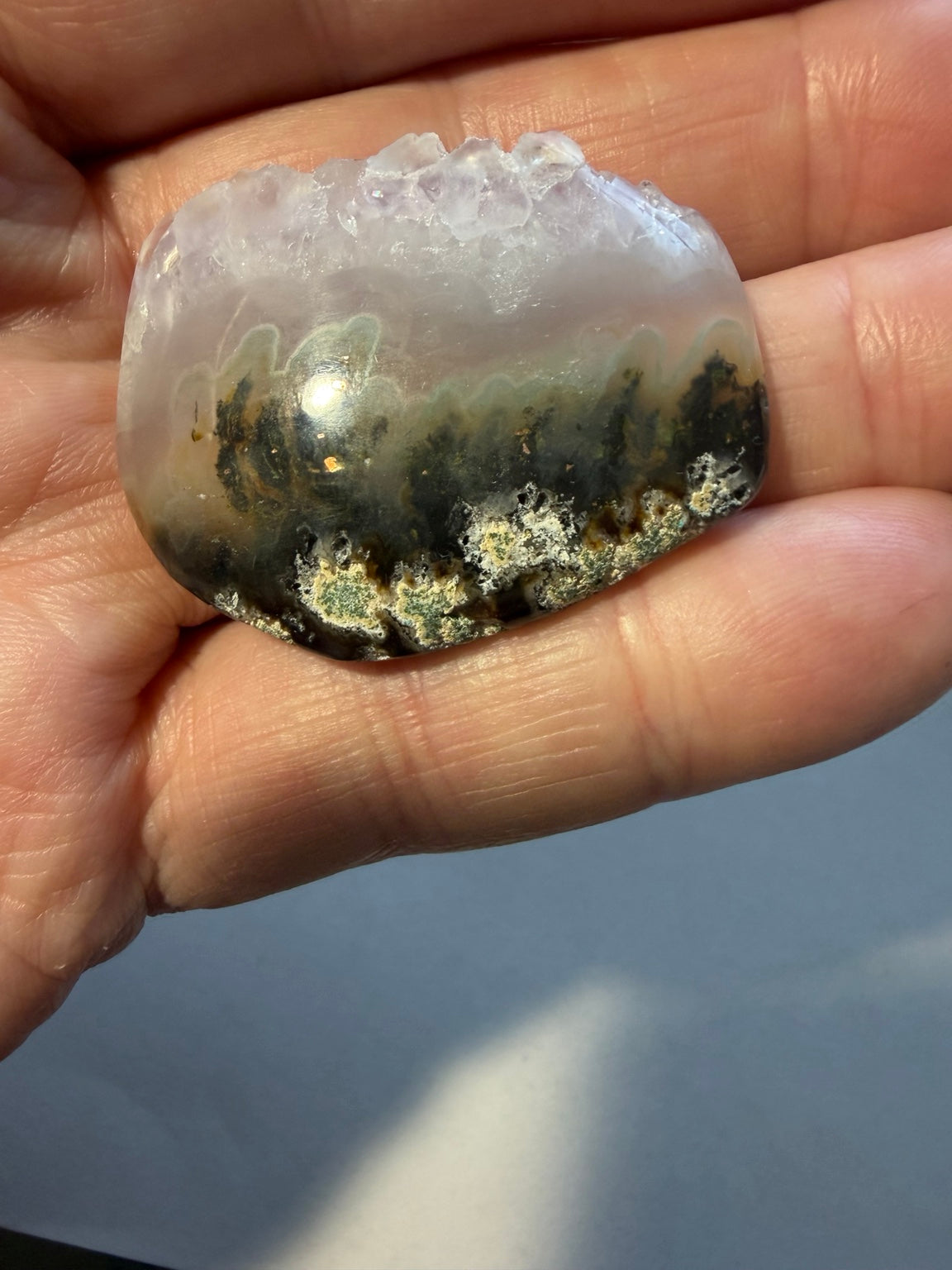 Chrysoplume Agate live-edge cabochon CP-01 front view
