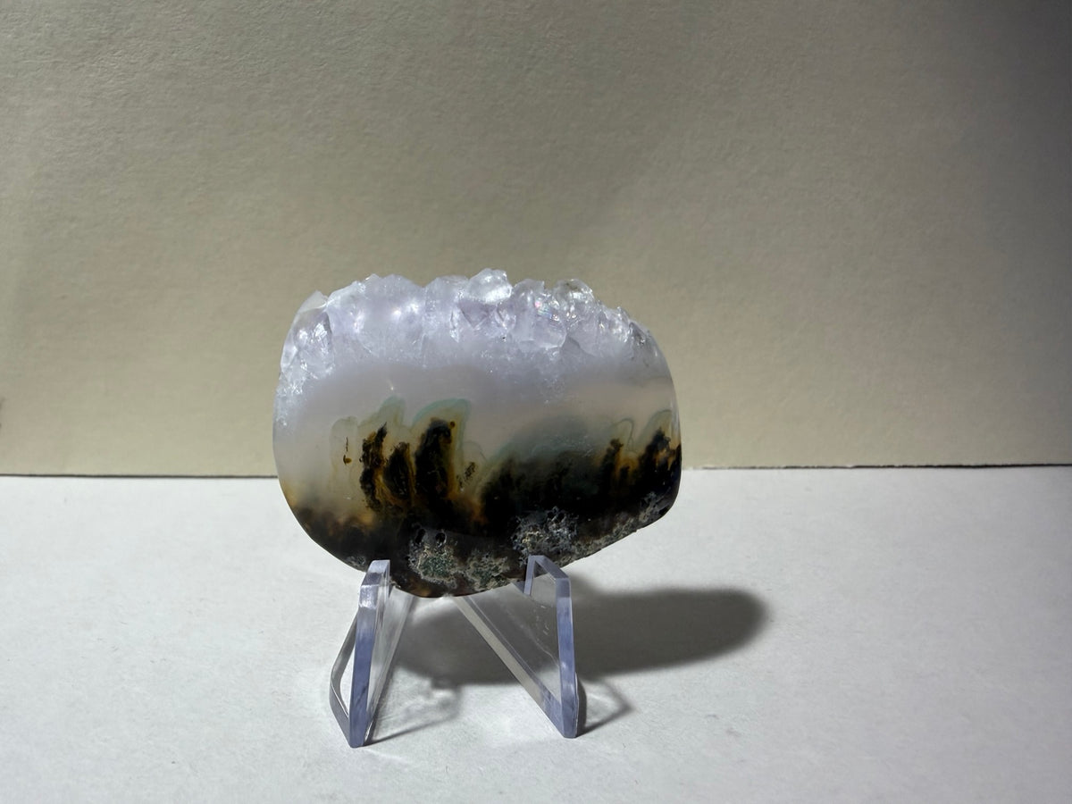 Chrysoplume Agate live-edge cabochon CP-01 displayed on stand