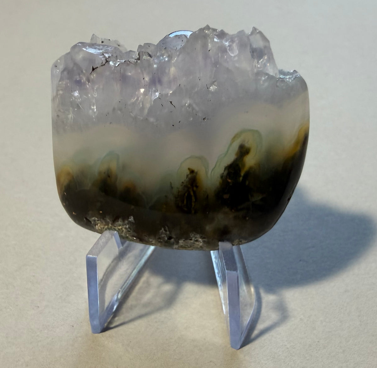 Chrysoplume Agate live-edge cabochon CP-03 displayed on stand