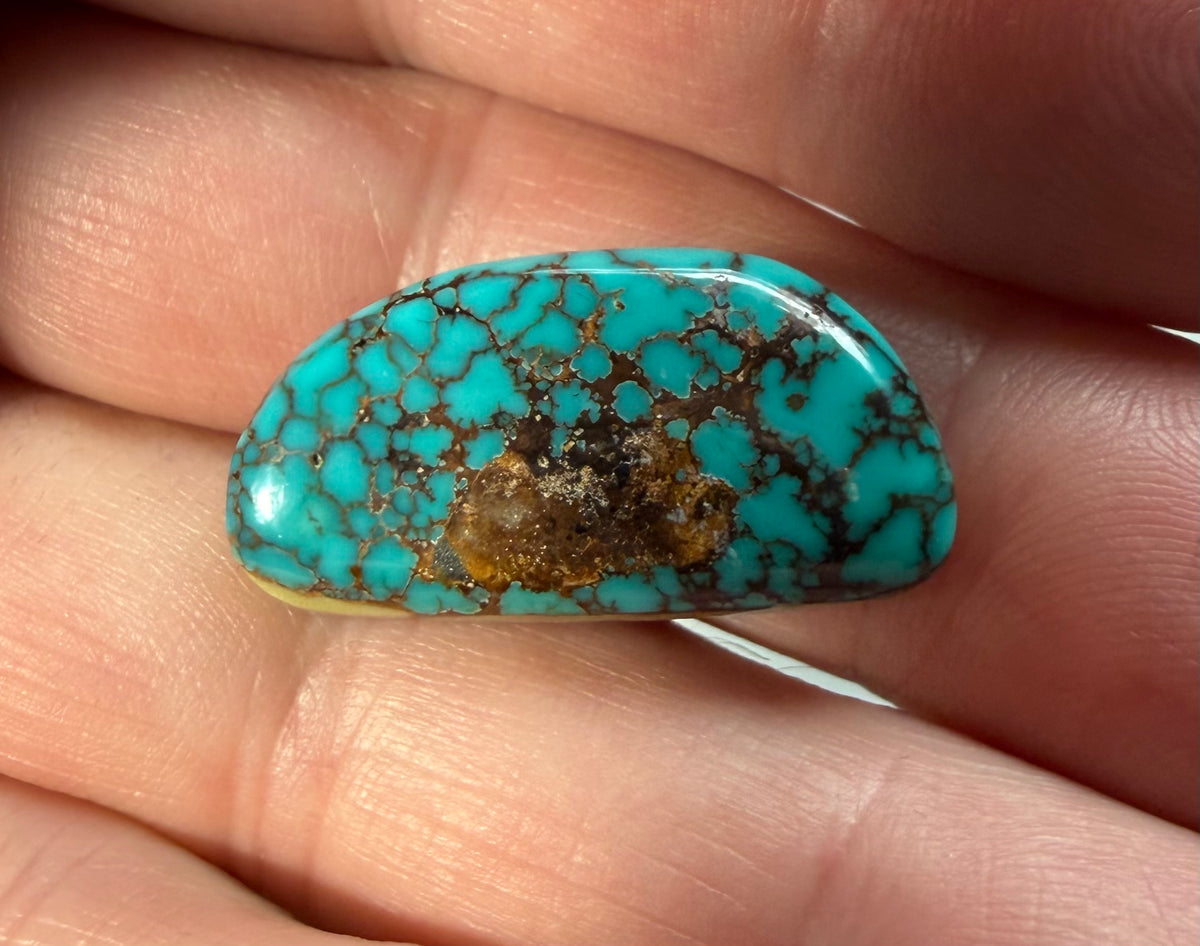 Stabilized Montezuma turquoise cabochon M-075 in hand