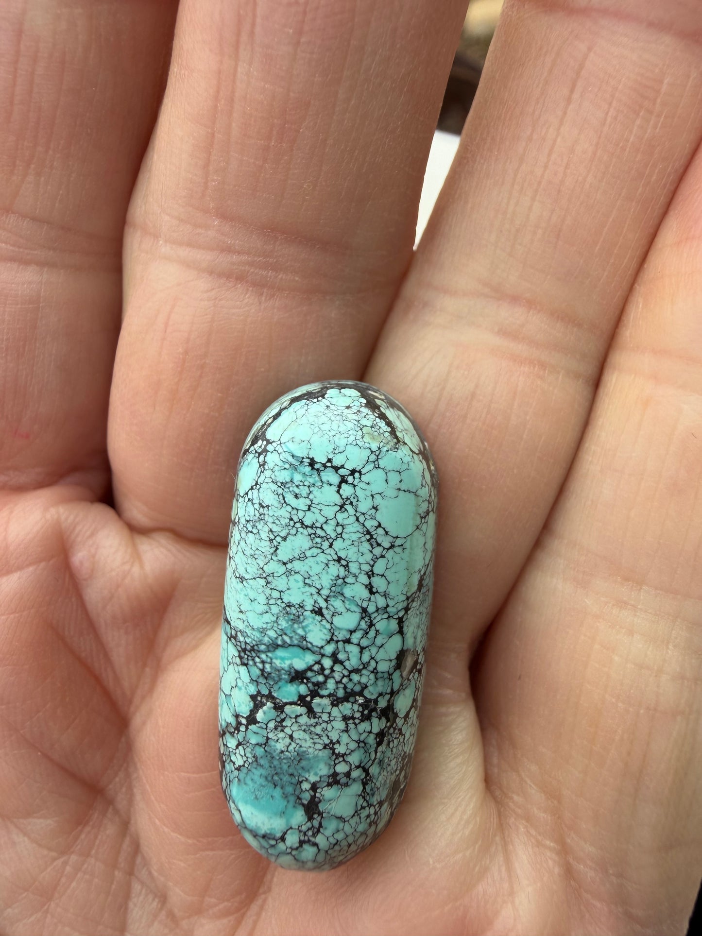 Red River, Hubei turquoise high dome Cab, spider web on my hand to show realistic color