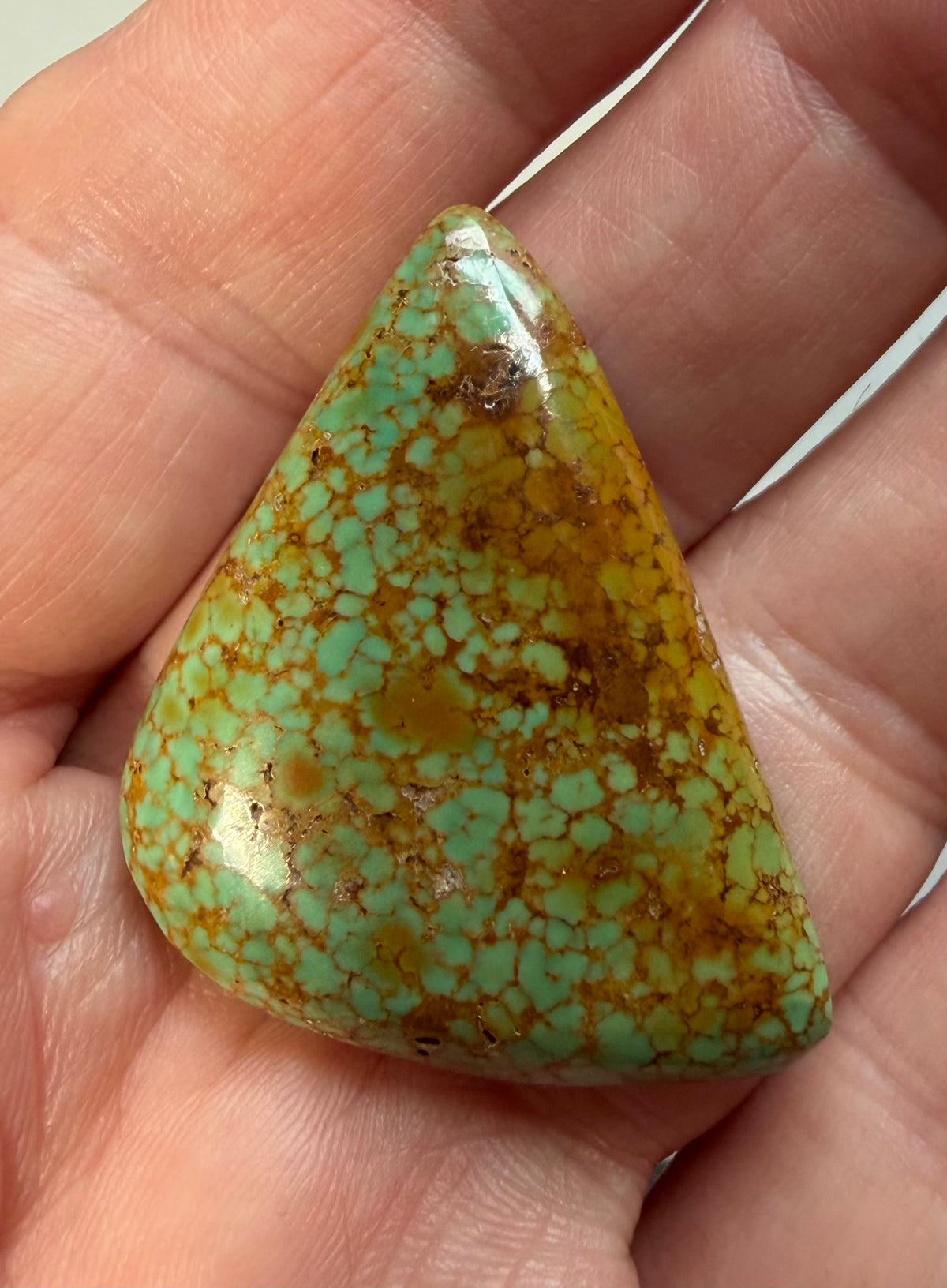 Sonoran Gold turquoise cabochon S-012 alternate in-hand view